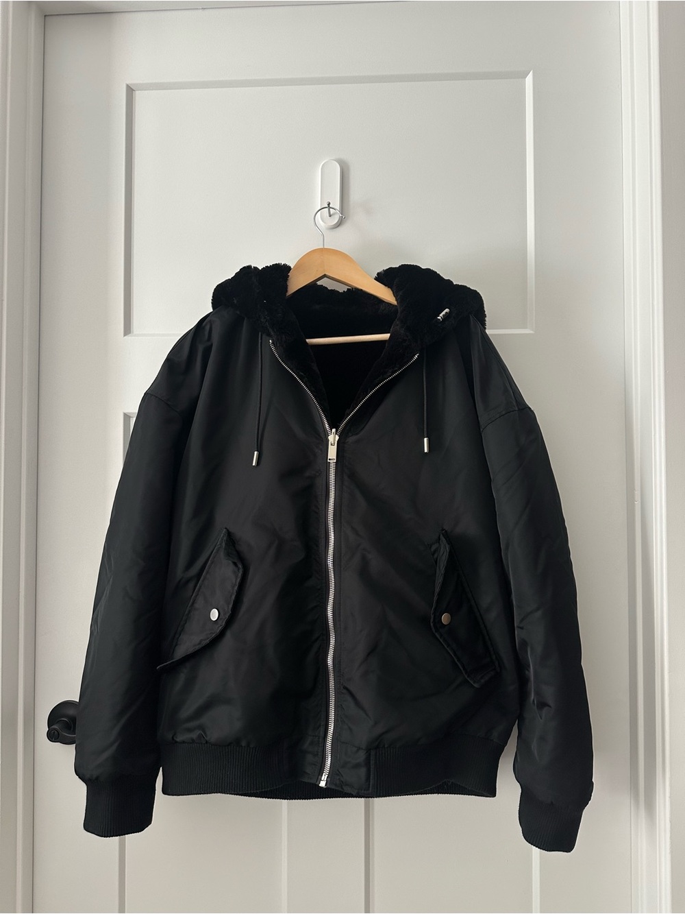 Zara Men's Black Hooded Bomber Jacket - Faux Fur Lined